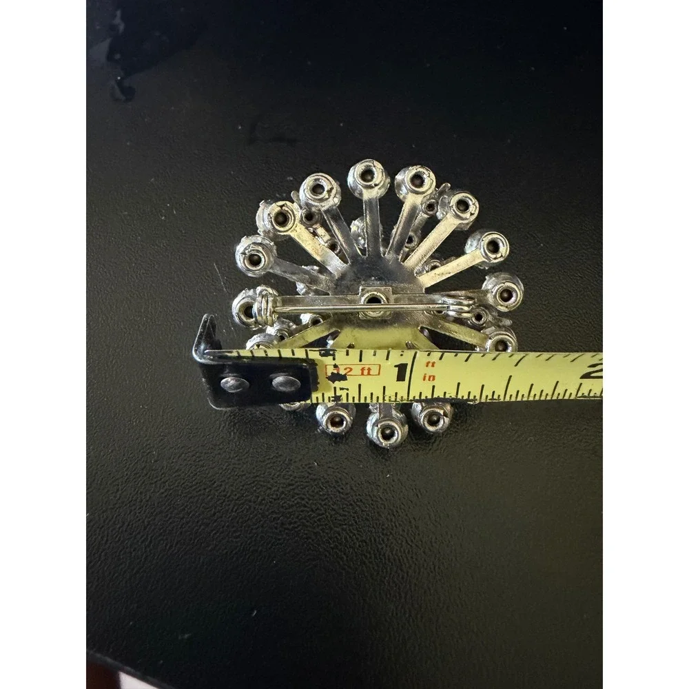 Vintage Sunburst Brooch Silver Tone Clear Rhinestone Starburst Floral Pin